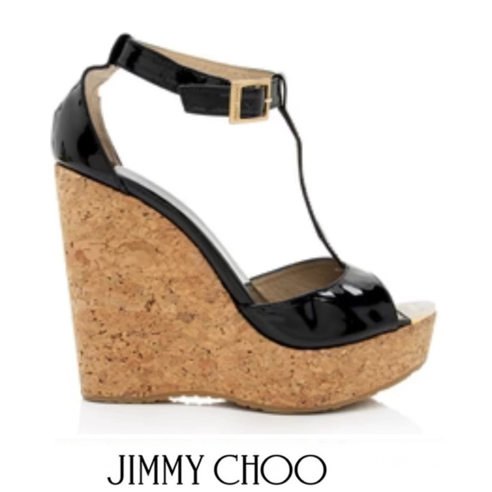 JIMMY CHOO Pela Black Suede Leather Ankle T Strap Cork Sandals Wedges Sz 37.5